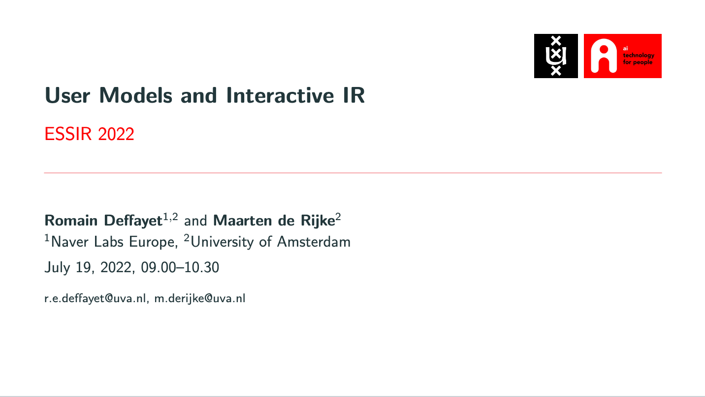 ESSIR 2022 Tutorial on “User Models and Interactive IR”